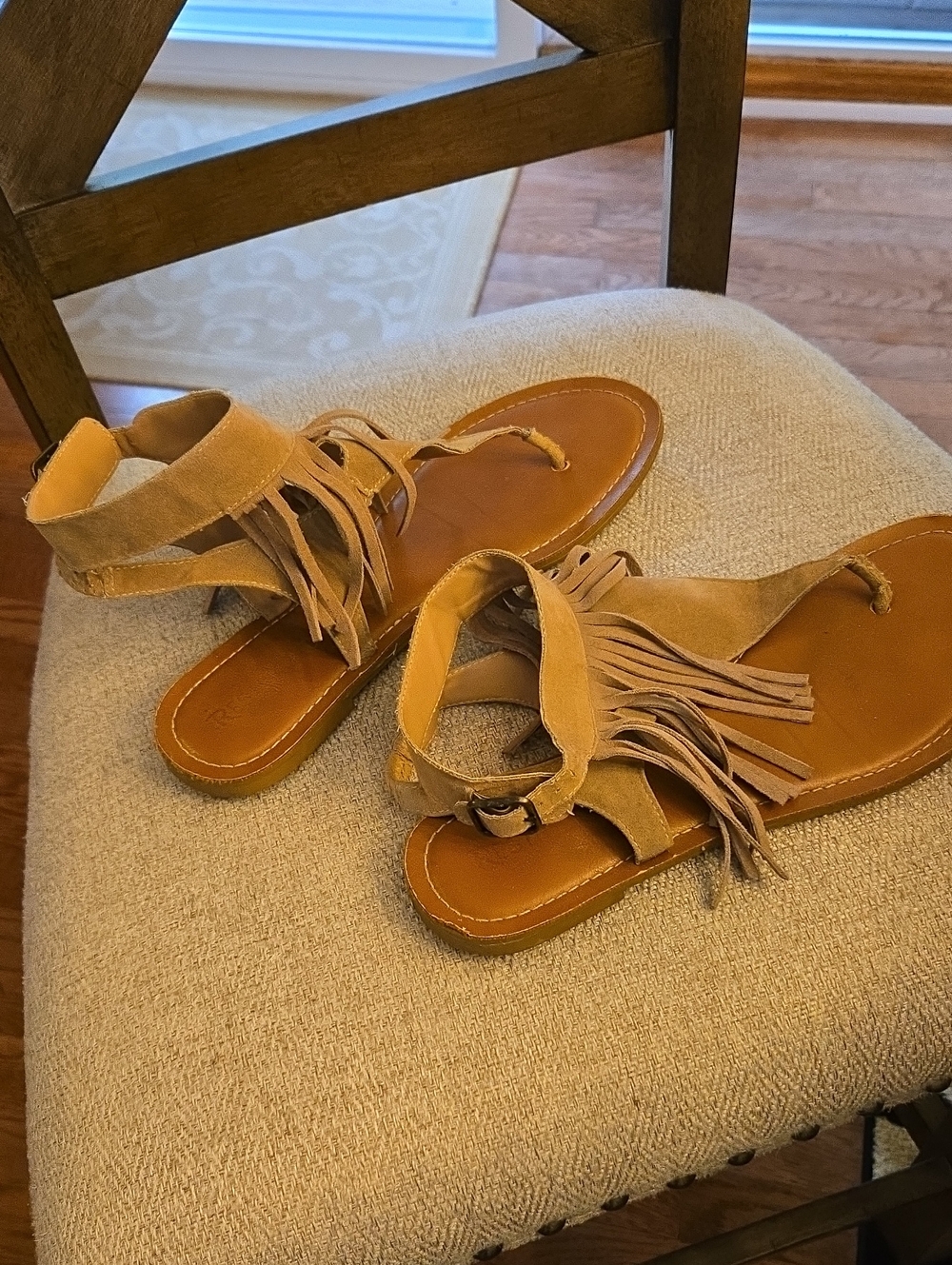Restricted Tan Suede Fringe Ankle-Strap Sandals